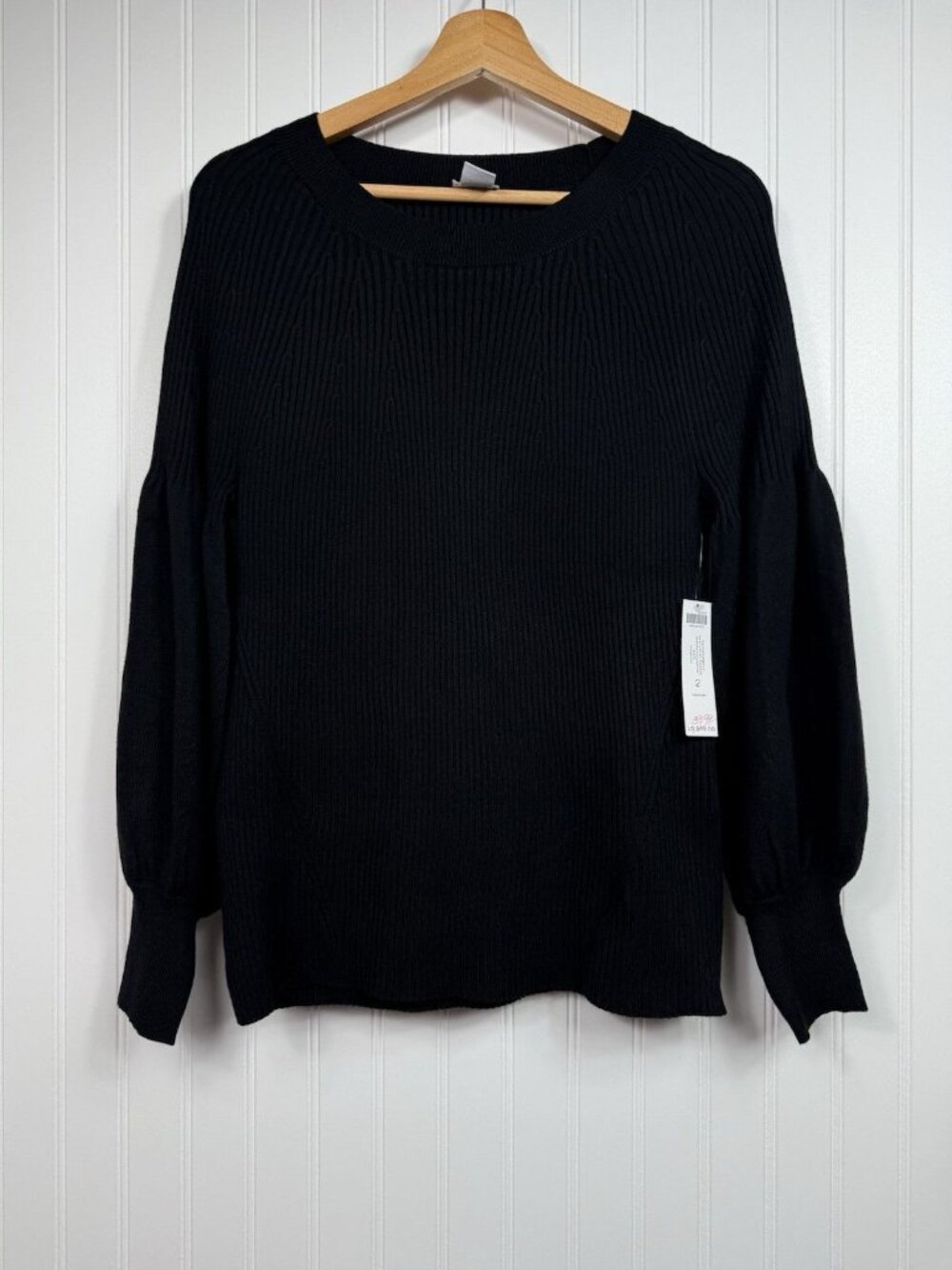 Chico's Black Ribbed Pullover Sweater Balloon Sleeve Size 2 Large NWT